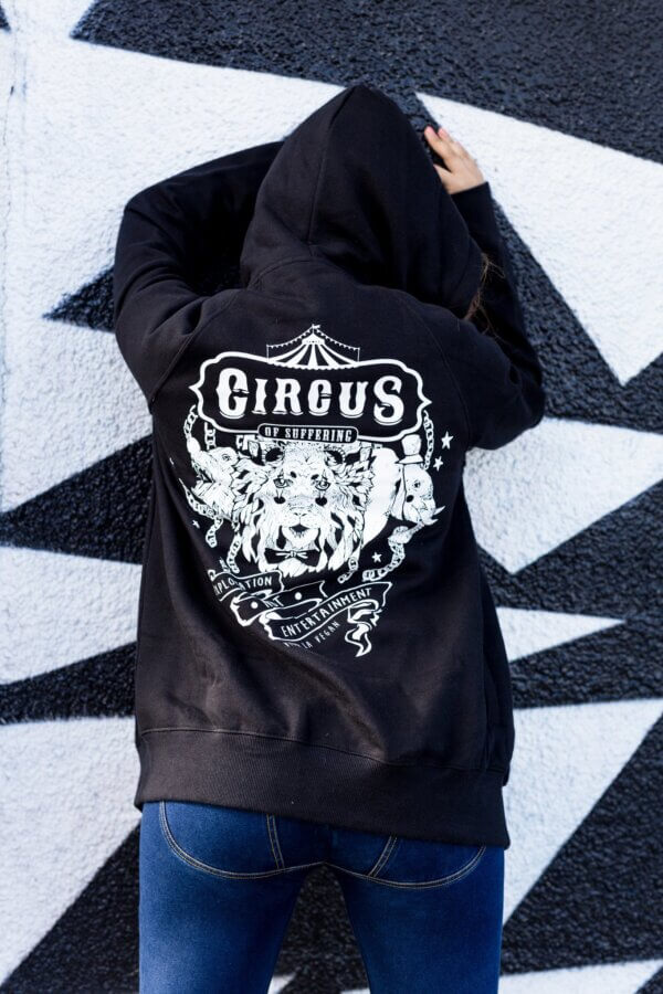 UNISEX Zip Through Hoodie / Ladies : Circus Of Suffering. Exploitation not entertainment