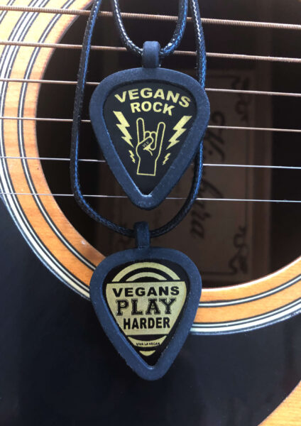 Vegan Plectrum necklace holder with 2 vegan picks by eco-ethical brand Viva La Vegan