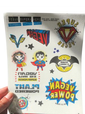 Vegan superhero temporary tattoo sheet by eco-ethical brand Viva La Vegan