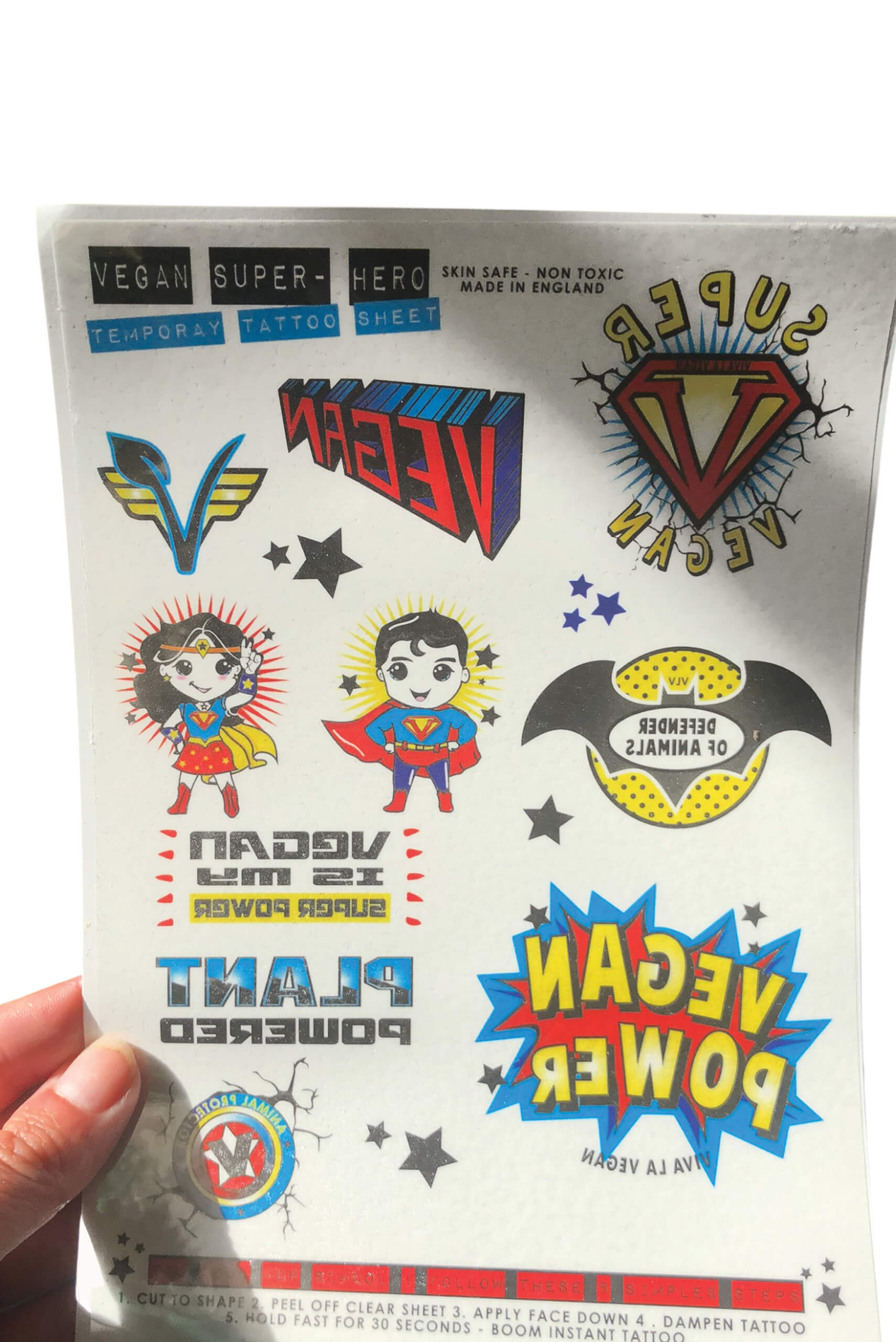 Vegan superhero temporary tattoo sheet by eco-ethical brand Viva La Vegan