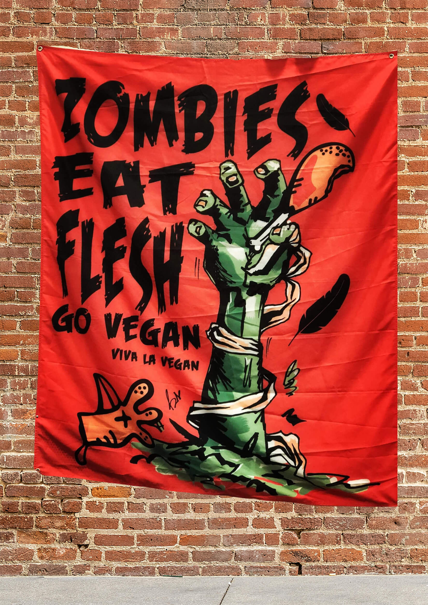 Vegan protest flag: Statement large Flag: Zombies Eat Flesh Go Vegan By Eco-ethical brand Viva La Vegan