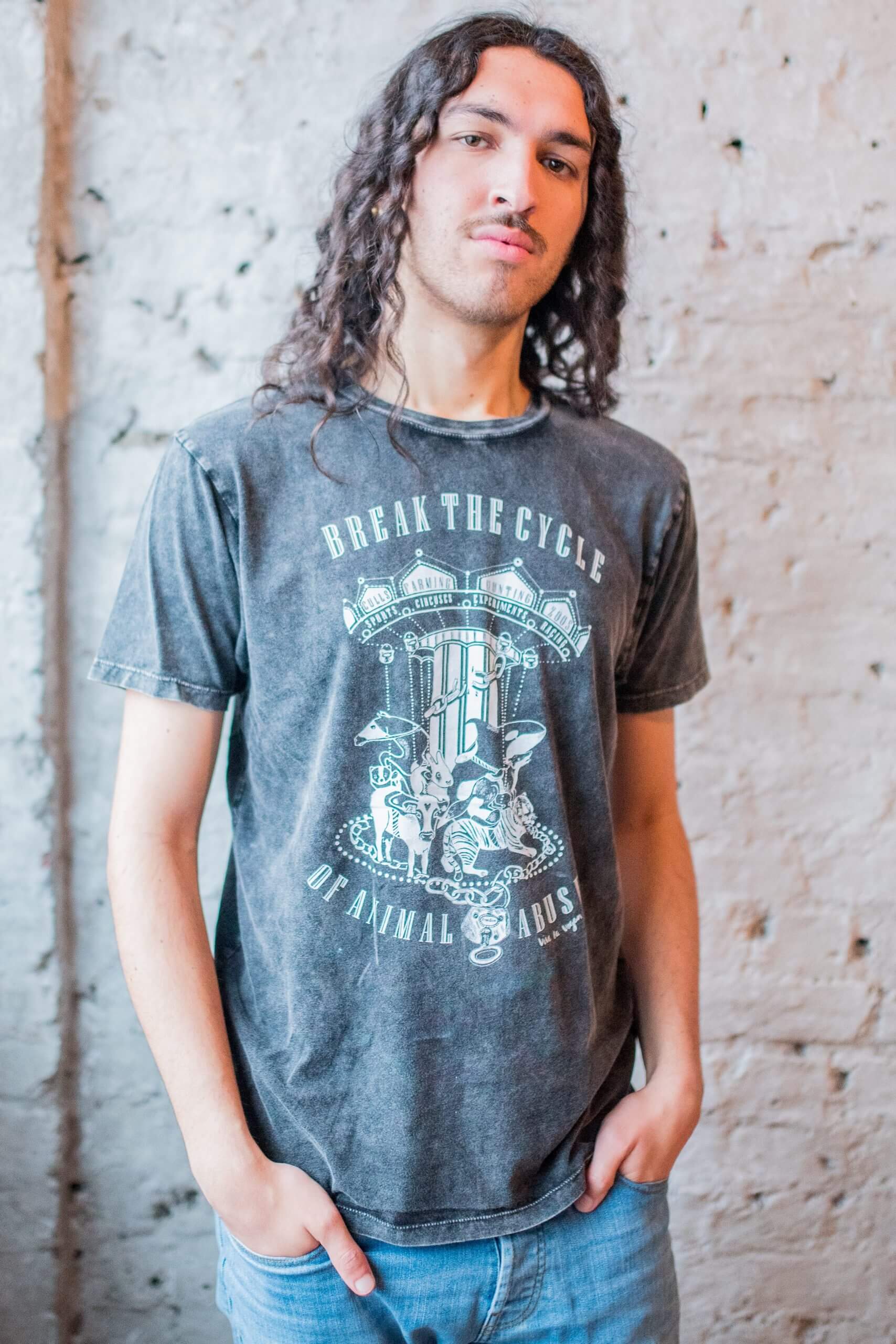 Male Model Wearing Acid Wash Break The Cycle Vegan Statement T Shirt as designed by eco ethical clothiing brand Viva La Vegan.