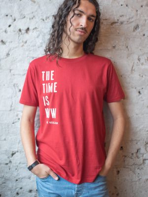 Model wearing The Time Is Now Vegan Statement Tshirt