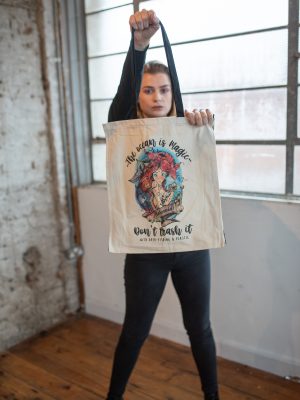 Organic shopper with black handles and gusset. Plastic pollution mermaid design by eco-ethical brand Viva La Vegan