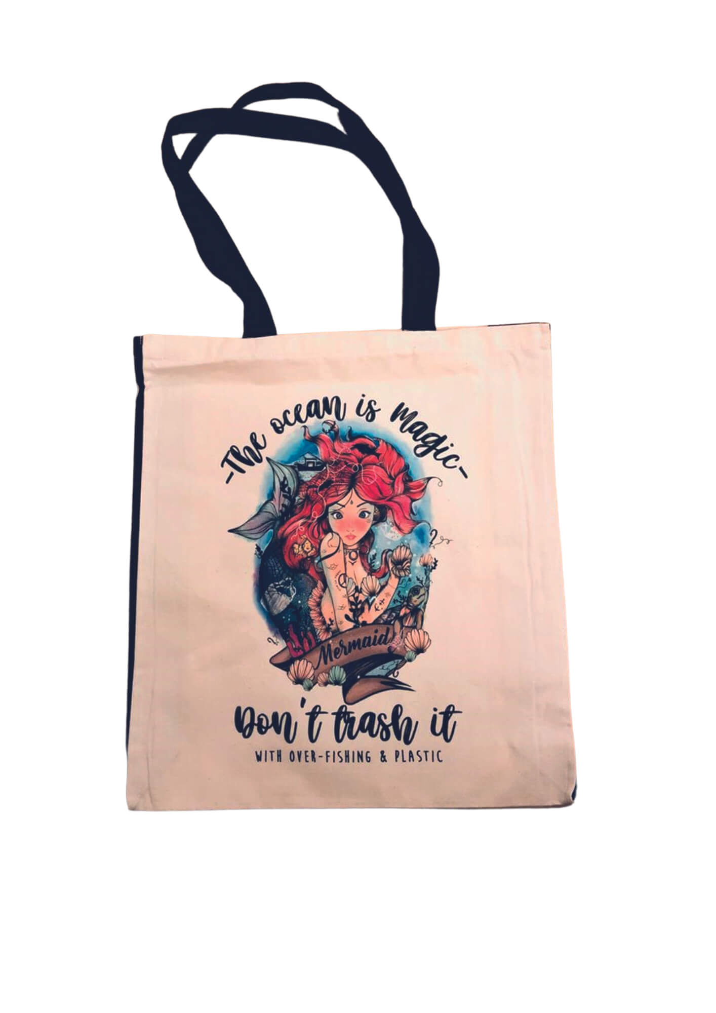 Mermaid bag with contrast black handles and gusset. by eco ethical brand Viva La Vegan