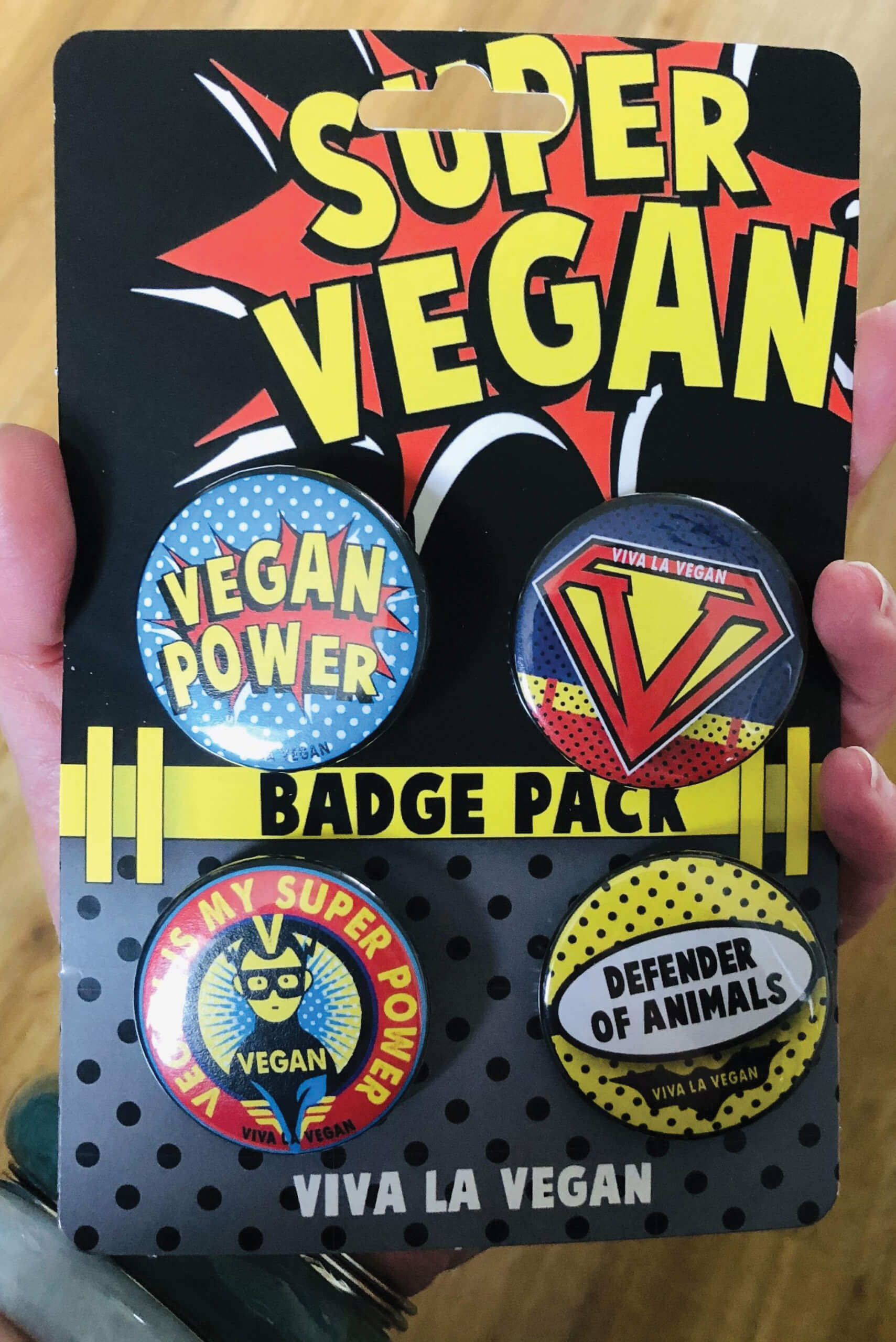 Badge Pack x 4 Set 38mm: Super Vegan by eco-ethical brand Viva La Vegan