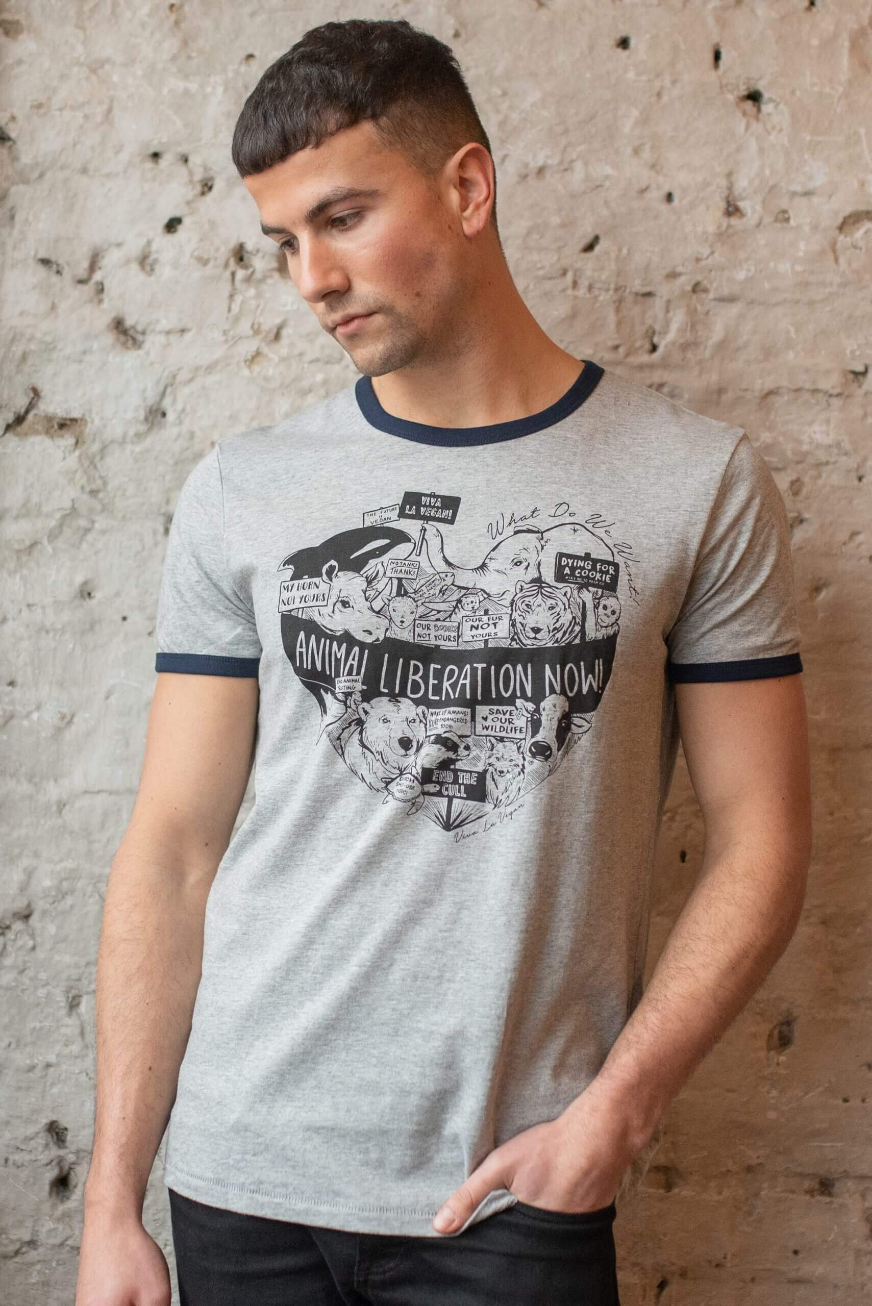 male model wearing unisex style animal liberation designed t shirt