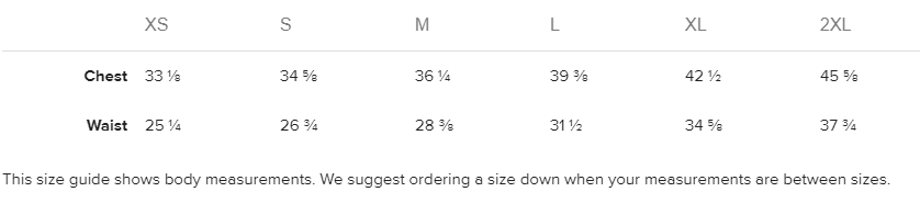 sizing chart for love hearts sports bra
