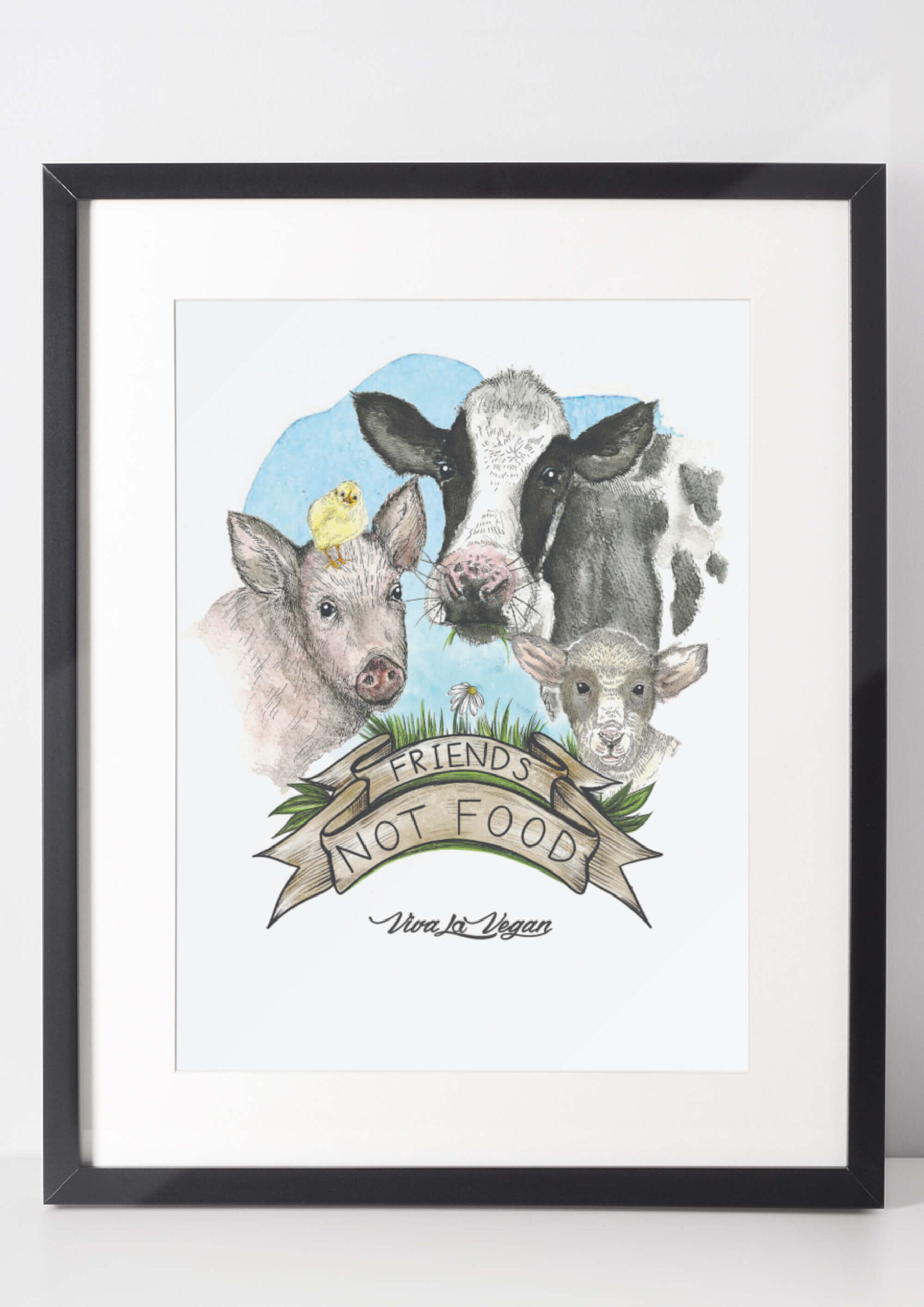 Vegan Art Print. Friends not food. Heavy 300 grm paper. Comes unframed. By eco-ethical brand Viva La Vegan