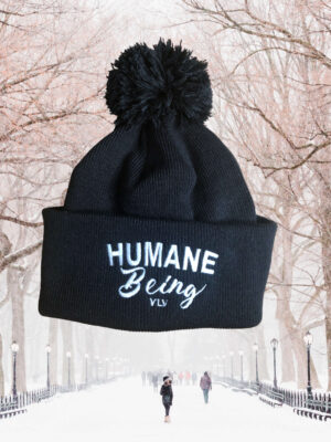 Humane Being Embroidered pom pom beanie by eco ethical brand Viva La Vegan