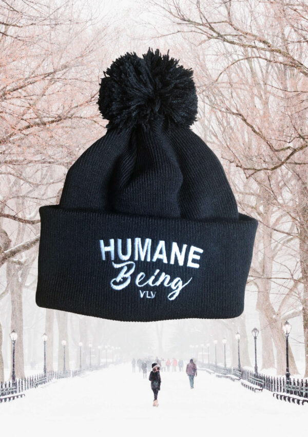 Humane Being Embroidered pom pom beanie by eco ethical brand Viva La Vegan