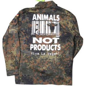 Vegan Jacket comprising ex military jacket boldly screen printed on the rear with "Animals are not Products" on the rear.
