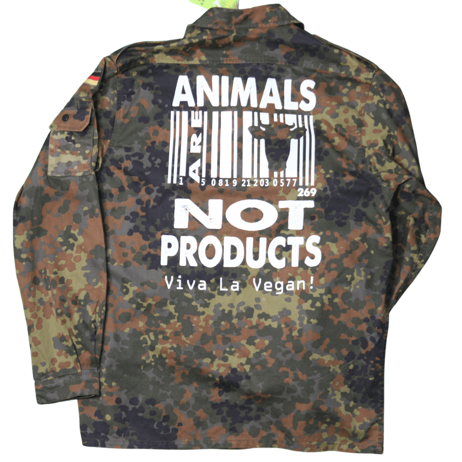 Vegan Jacket comprising ex military jacket boldly screen printed on the rear with "Animals are not Products" on the rear.