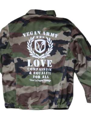 Viva La Vegan's Reworked Vegan Jacket comprising Vegan Army Screen Printed Vegan Army Jacket