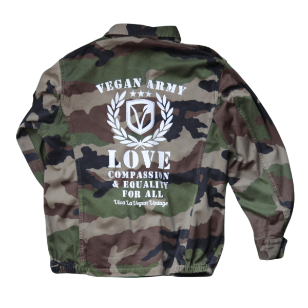 Viva La Vegan's Reworked Vegan Jacket comprising Vegan Army Screen Printed Vegan Army Jacket