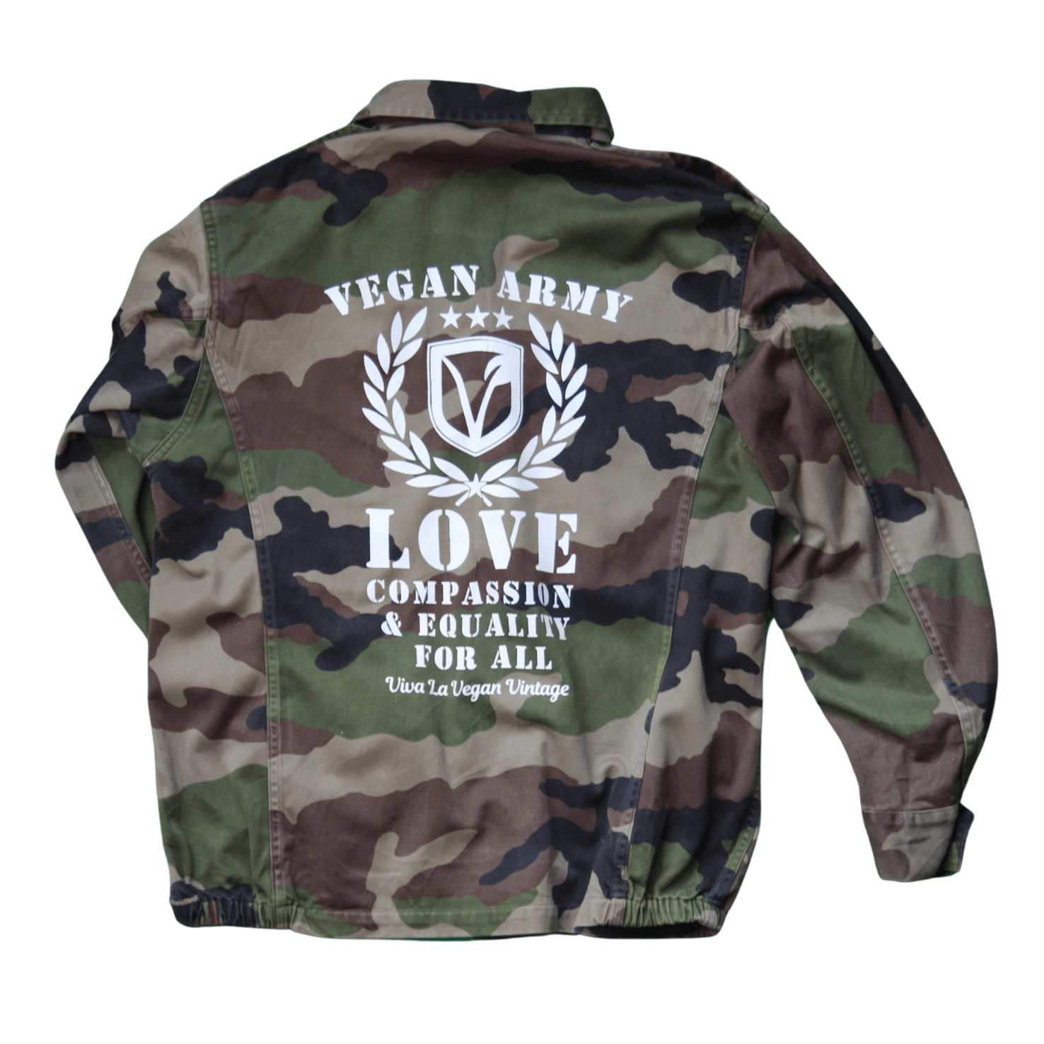 Viva La Vegan's Reworked Vegan Jacket comprising Vegan Army Screen Printed Vegan Army Jacket