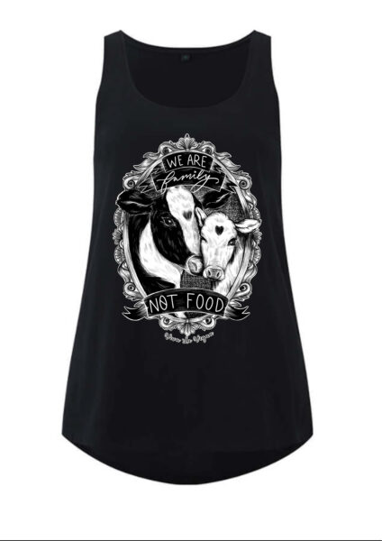 Eco-ethical Viva La Vegan's black vest on white background with an illustration of Cow and Calf and the words Family not food
