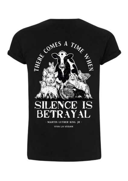 A balck flat lay picture of a vegan T-shirt with a bold design across the front stating Silence equals violence with a illustration of animals. Designed by eco ethical clothing brand Viva La Vegan.