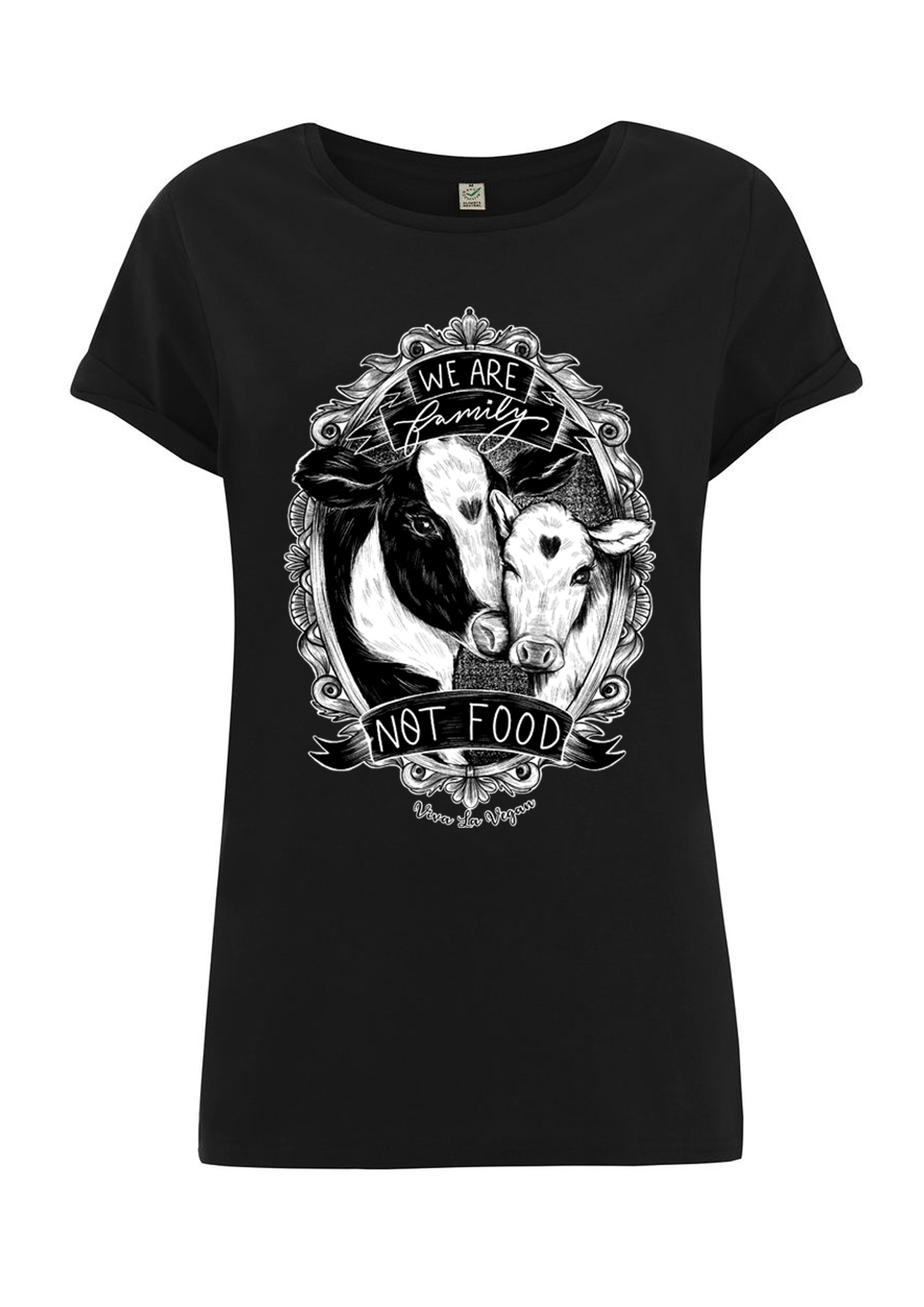 A black vegan t-shirt flat lay on white backgroun showing an illustration of Cow and Calf and the wording Family not food.