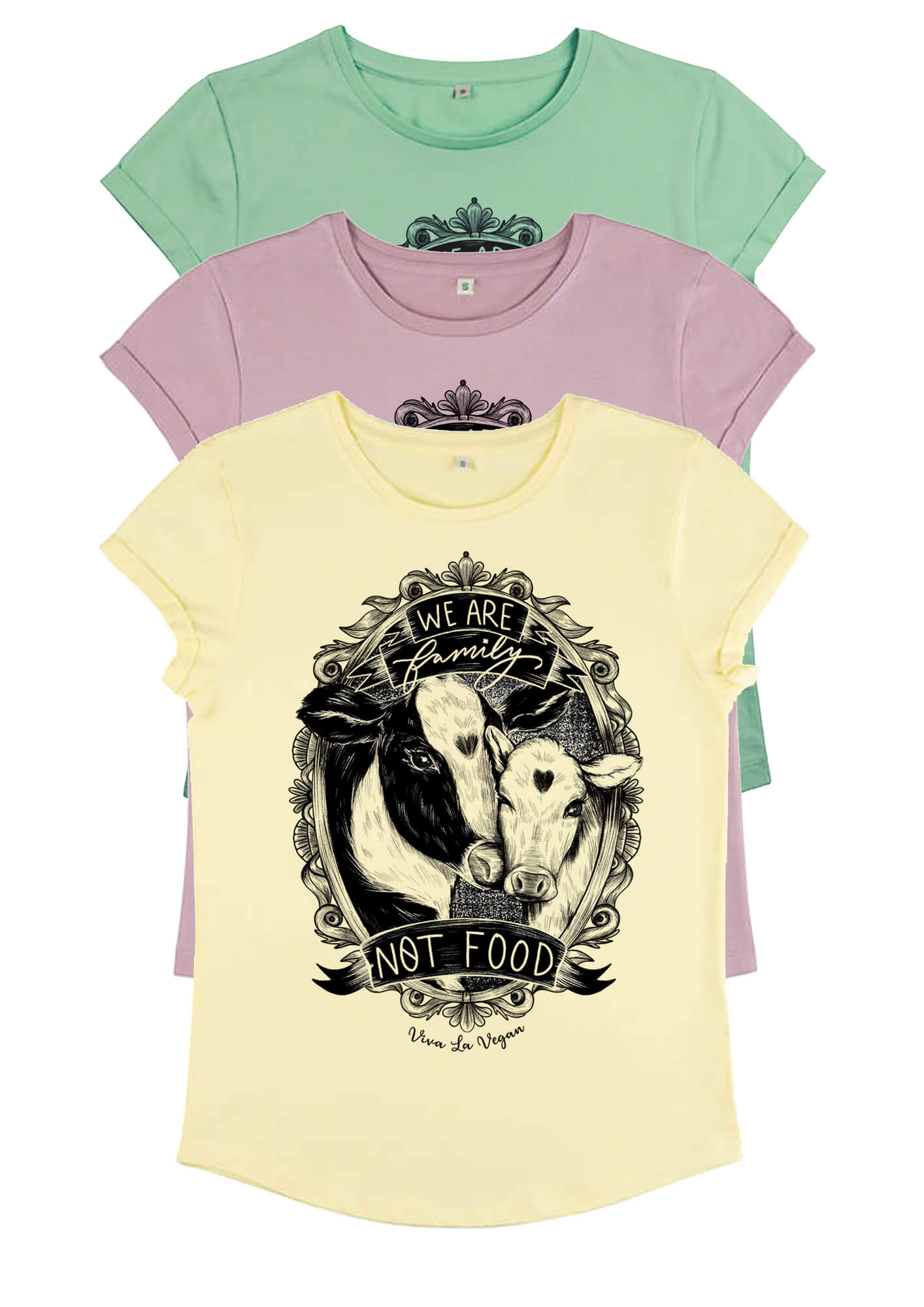 A picture of three pastel coloured organic vegan t-shirts layered on top of each other with top t-shirt showing graphics of a cow and her calf with the word Family not Food. Tshirts designed by eco ethical brand Viva La Vegan.