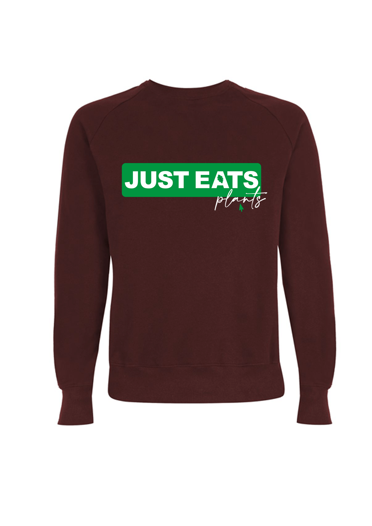 Flat lay of burgundy raglan sleeve sweatshirt Just Eats Plants print by Eco -ethical brand Viva La Vegan
