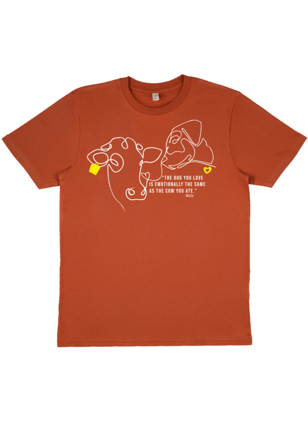 Flat lay of Moby quote Vegan by Viva La vegan Tshirt burned orange