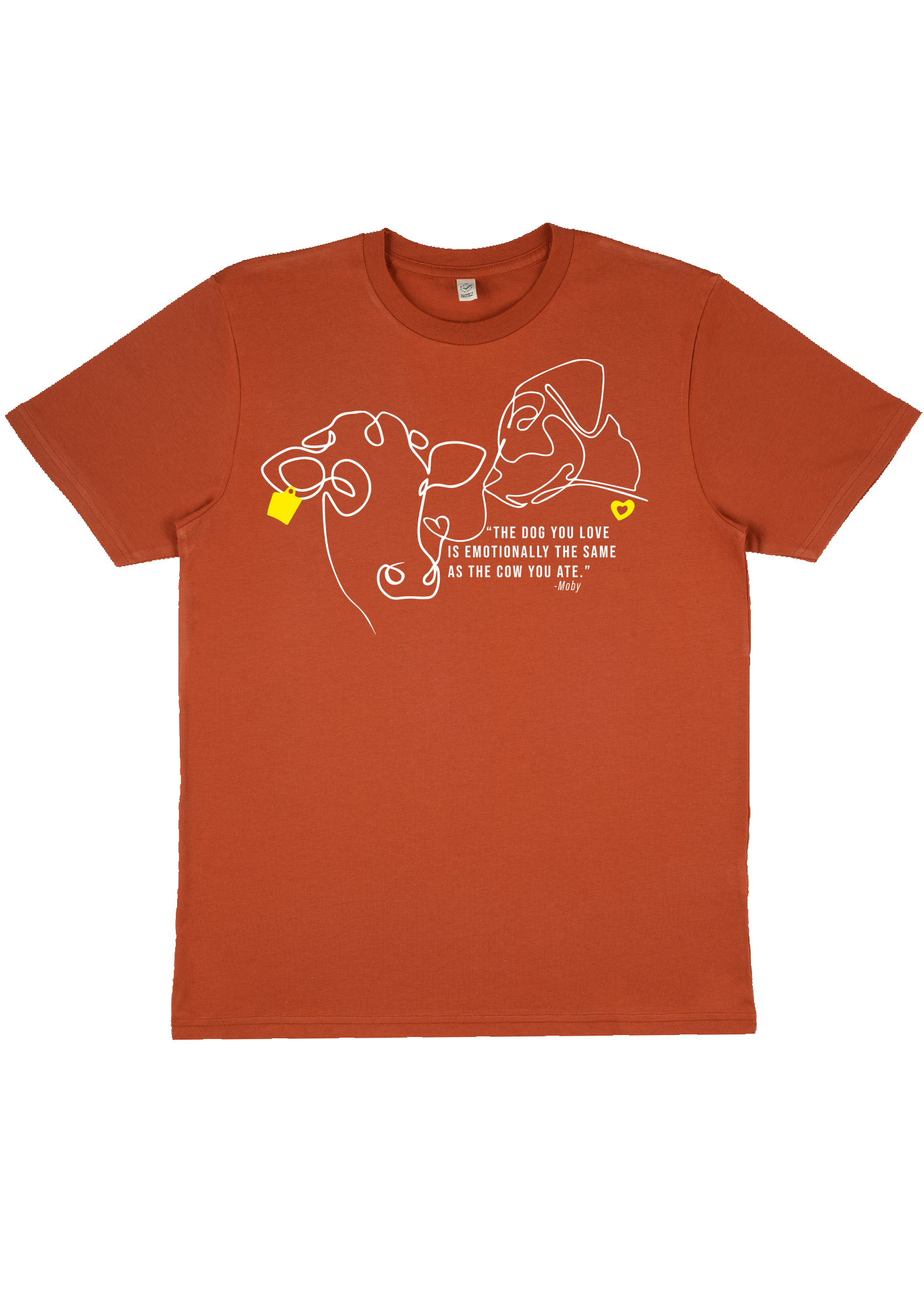 Flat lay of Moby quote Vegan by Viva La vegan Tshirt burned orange