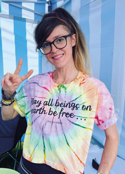 may all beings be free cropped tie dye tshirt festival girl by Viva La Vegan