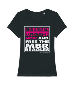 Fundraising for Camp Beagle. End Animal Experiments NOW and Free The MBR Beagles Back with pink and white print. woman's fit. by Viva La Vegan. all proceeds donated to Camp Beagle.