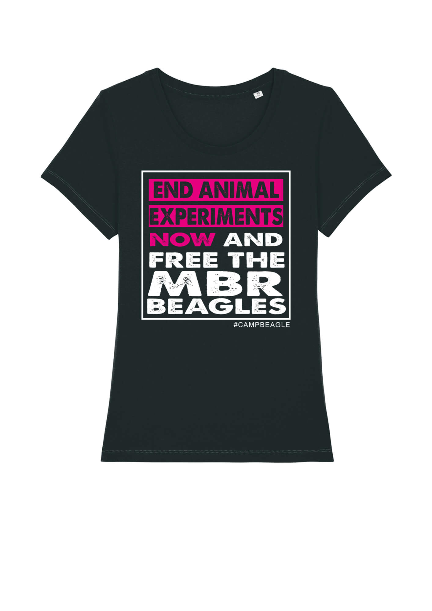 Fundraising for Camp Beagle. End Animal Experiments NOW and Free The MBR Beagles Back with pink and white print. woman's fit. by Viva La Vegan. all proceeds donated to Camp Beagle.