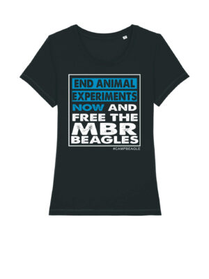 Fundraising for Camp Beagle. End Animal Experiments NOW and Free The MBR Beagles Back with Turq and white print. woman's fit. by Viva La Vegan. all proceeds donated to Camp Beagle.