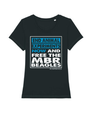 Fundraising for Camp Beagle. End Animal Experiments NOW and Free The MBR Beagles Back with Turq and white print. woman's fit. by Viva La Vegan. all proceeds donated to Camp Beagle.