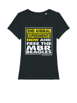 100% organic cotton Woman's fit Camp beagle black tshirt with a yellow and white print . free the MBR Beagles. By Viva La Vegan