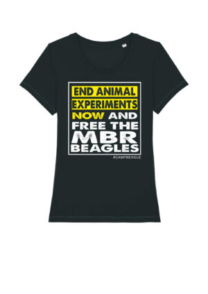 100% organic cotton Woman's fit Camp beagle black tshirt with a yellow and white print . free the MBR Beagles. By Viva La Vegan