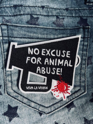 No Excuse for animal abuse embroidered patch. Megaphone design in Black, white & red. By Viva La Vegan