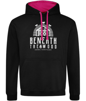 Beneath The Wood Logo Hoodie CONTRAST-100% profits given to the sanctuary - Available in Two Colours - Jet Black/Hot Pink, XS