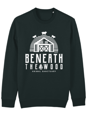 Beneath the woods logo sweatshirt. all proceeds donated to the sanctuary. By eco ethical brand Viva La Vegan