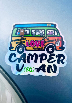 Vegan Camper Van holographic vinyl sticker. By Eco ethical brand Viva La Vegan