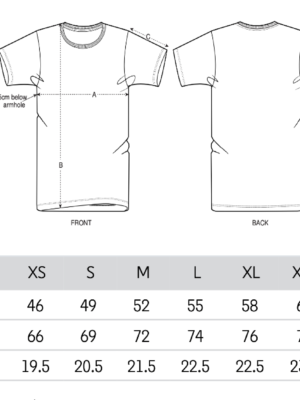 A diagram and chart showing the size for the Garden of vegan tshirt in unisex style