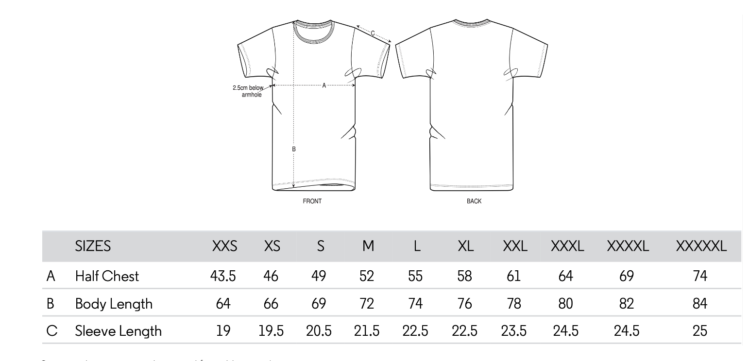 A diagram and chart showing the size for the Garden of vegan tshirt in unisex style