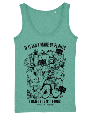 Mid heather green vest with a black print - If it isn't made of plants it isn't food