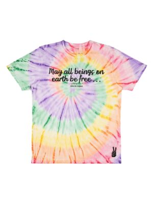 May All Beings Be Free rainbow tie dye tshirt flat lay by eco ethical brand Viva La Vegan