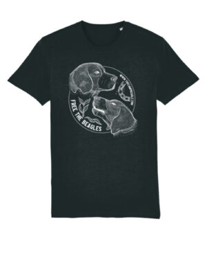 Camp beagle fundraising tshirt with line drawing of 2 beagle heads and a breaking chain. Black tshirt with a white print. by Viva La Vegan