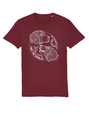Camp beagle fundraising tshirt with line drawing of 2 beagle heads and a breaking chain. Burgundy tshirt with a white print. by Viva La Vegan