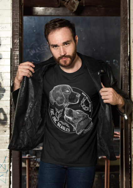 Man wearing a black Camp Beagle Tshirt with white print. All proceeds from it's sale are donated to Camp Beagle. by eco ethical brand Viva La Vegan