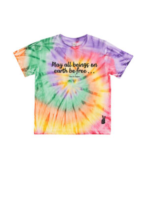Rainbow tie-dye kids t-shirt with May all beings be free print