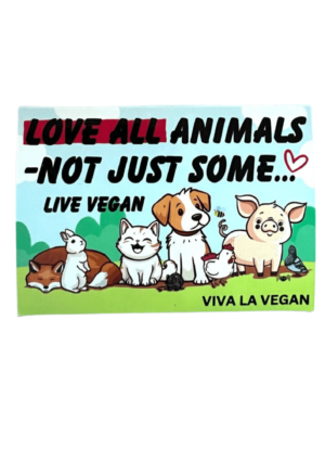 group of cartoon style animals fox, pet rabbit, cat, dog, chicken, pig, pigeon, rat, spider, bee sat on grass with the words Love all animals- not just some ...