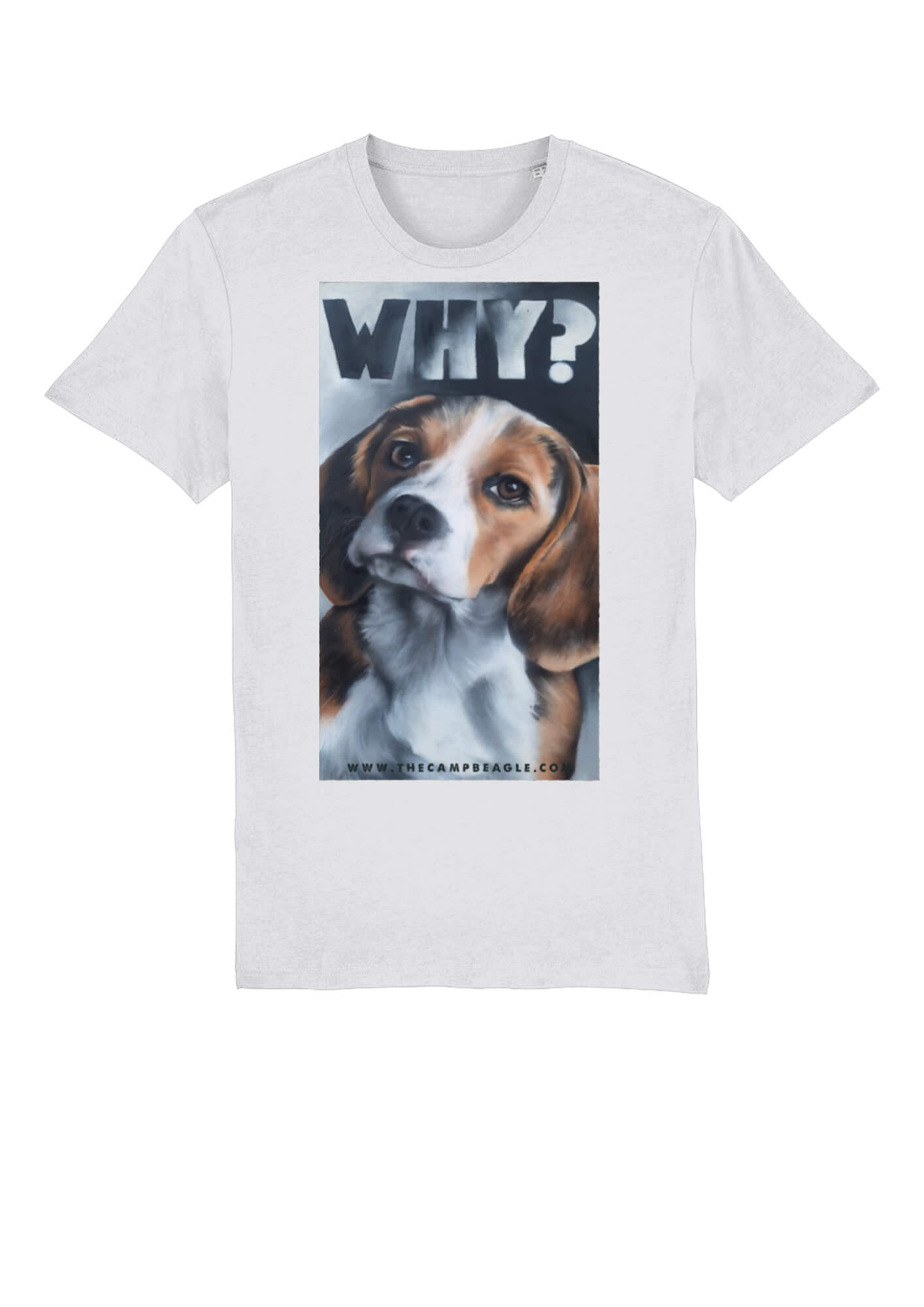 White unisex tshirt with are large central front chest painting of a beagle with the word WHY? at the top. Image taken from The original painting which is at Camp beagle. Tshirt by Viva La Vegan
