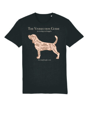 Black unisex style tshirt with a large torso print of a beagle with the text Guide To Vivisection.
