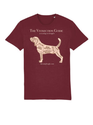 Burgundy unisex style tshirt with a large torso print of a beagle with the text Guide To Vivisection.